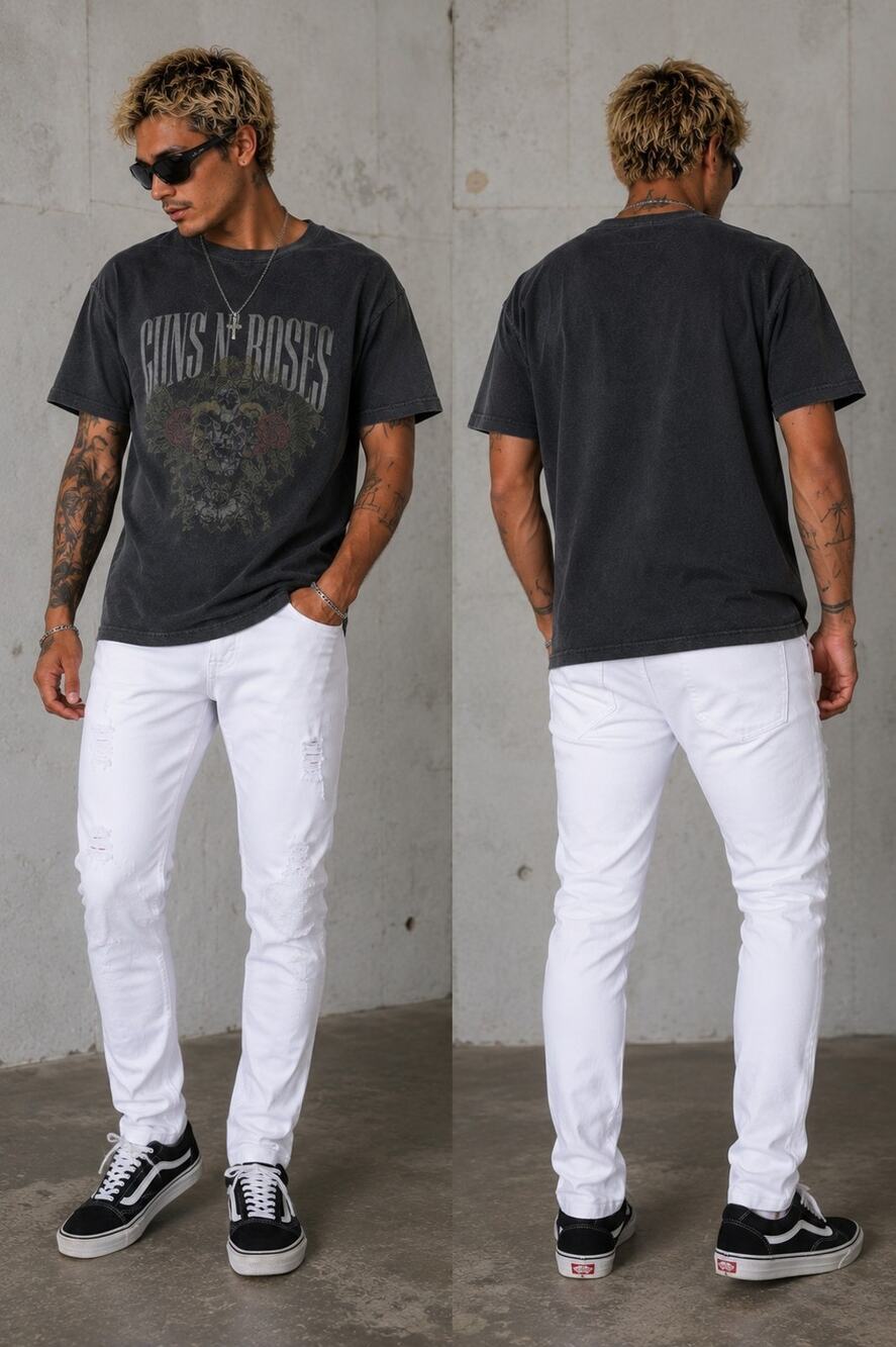 Men’s White Ripped Moto Biker Jeans Distressed Ribbed Panel Streetwear